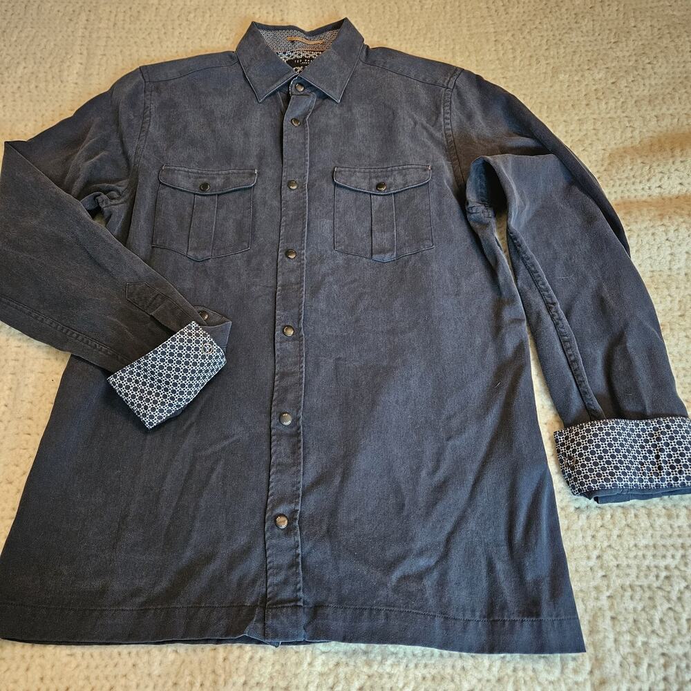 Ted Baker London Mens Dress Shirt S 2/32.5 Solid Blue Dotted Flip Cuff Pattern